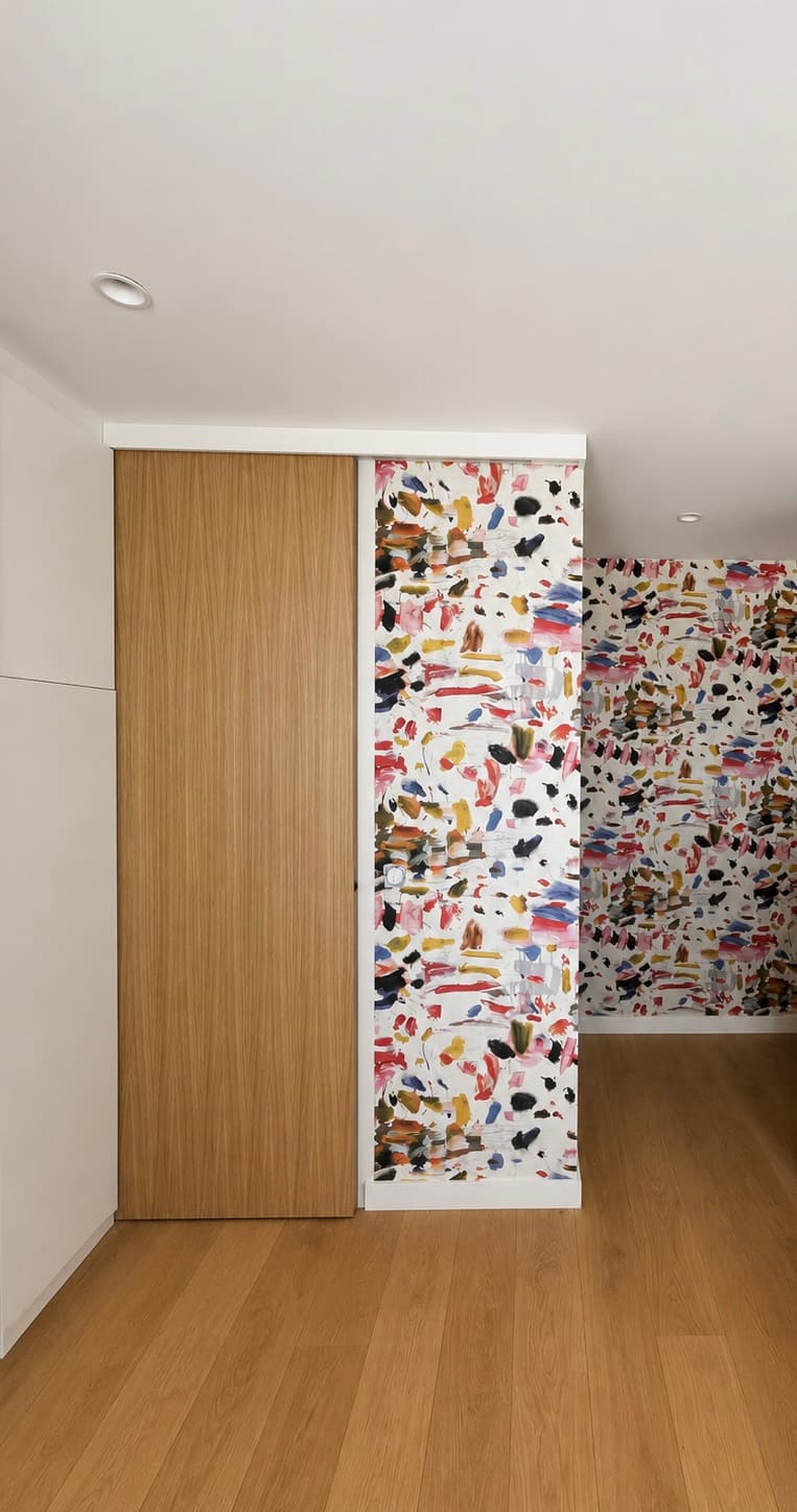 Porte coulissante en placage chêne dans un couloir avec papier peint multicolore à motifs abstraits, réalisation A4 Créations