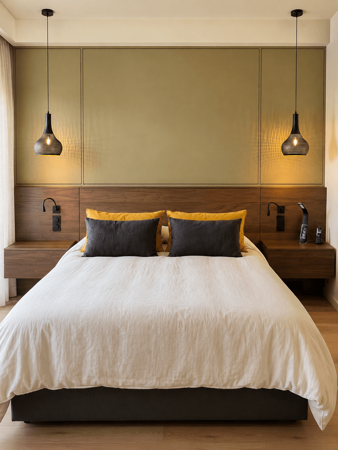 Tête de lit îlot en placage noyer et MDF peint avec chevets et éclairages intégrés, suspensions design noires, A4 Créations