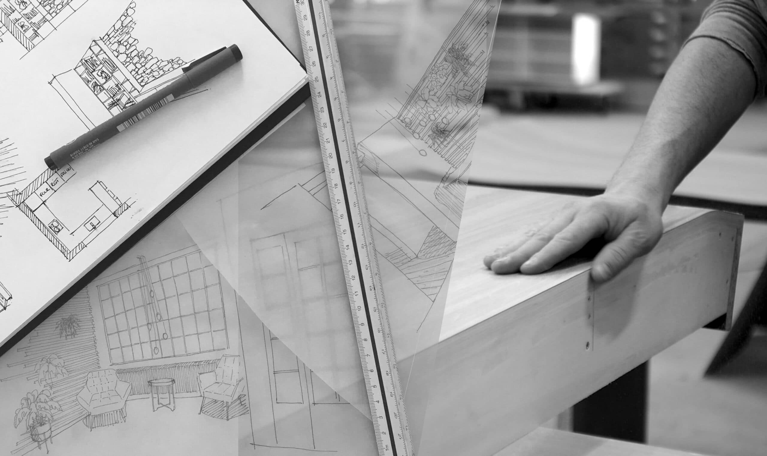 Croquis de design d'intérieur en noir et blanc avec règle, stylo et main d'artisan, illustration du métier d'A4 Créations
